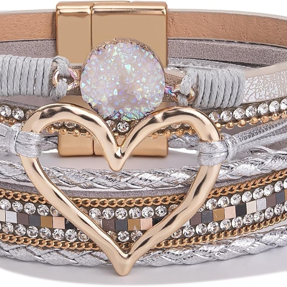 Gold Heart Multistrand Bracelet with Opalescent Accent - Silver
